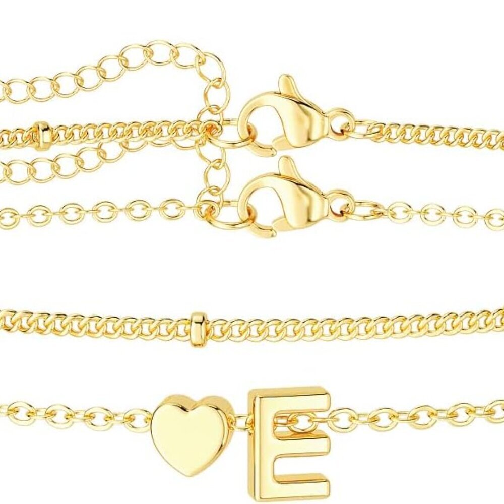 Dainty Initial Heart Gold Bracelets for Women Trendy, 14K Real Gold Letter Charm